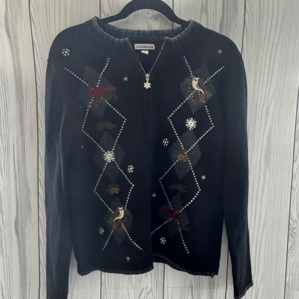 Croft Barrow Cardigan Birds Cardigan Zipper Black Holiday Winter Size Medium